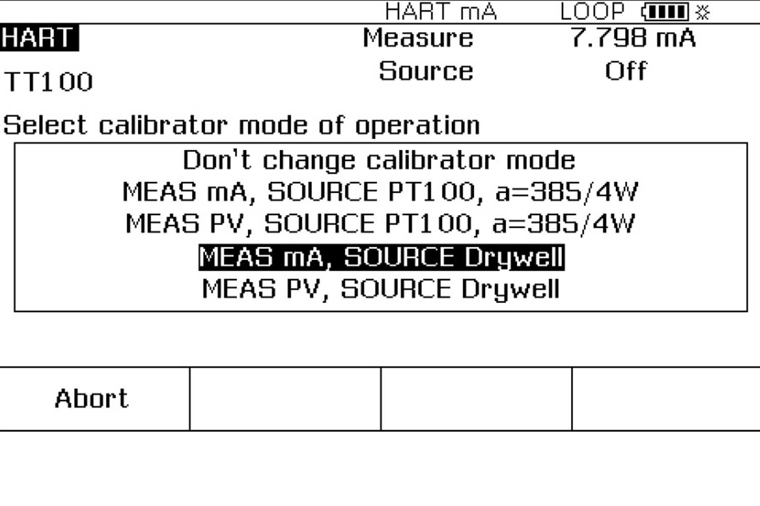 Documenting Process Calibrator Screen Showing Selection of the Drywell to Measure mA